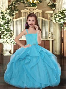 Blue Straps Lace Up Ruffles Kids Pageant Dress Sleeveless