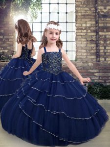 Beading Little Girls Pageant Dress Wholesale Navy Blue Lace Up Sleeveless Floor Length