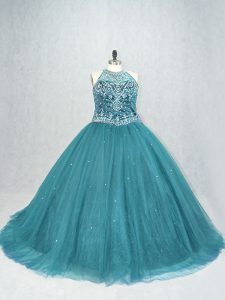 Teal Sleeveless Brush Train Beading Quince Ball Gowns