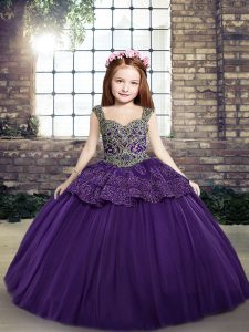 Sleeveless Floor Length Beading and Appliques Lace Up Child Pageant Dress with Purple