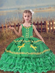 Nice Floor Length Lace Up Child Pageant Dress Turquoise for Wedding Party with Beading and Embroidery and Ruffled Layers