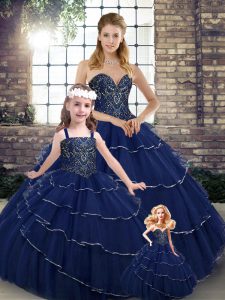 Navy Blue 15th Birthday Dress Tulle Brush Train Sleeveless Beading and Ruffled Layers