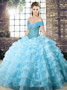 Aqua Blue 15 Quinceanera Dress Off The Shoulder Sleeveless Brush Train Lace Up