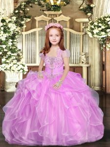 Popular Organza Straps Sleeveless Lace Up Beading and Ruffles Kids Pageant Dress in Lilac