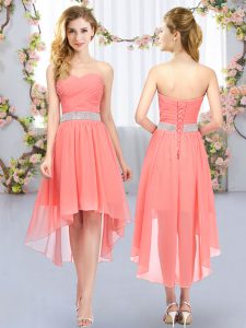 Belt Quinceanera Court of Honor Dress Watermelon Red Lace Up Sleeveless High Low