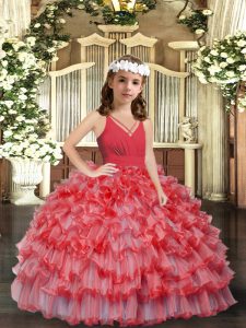 Coral Red Organza Zipper Little Girls Pageant Dress Sleeveless Floor Length Ruffles and Ruffled Layers