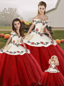 Simple Sleeveless Organza Floor Length Lace Up Sweet 16 Quinceanera Dress in White And Red with Embroidery