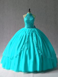 Cheap Sleeveless Floor Length Appliques Lace Up Quinceanera Gown with Aqua Blue