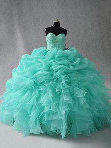 Dazzling Aqua Blue Sweetheart Neckline Beading and Ruffles and Pick Ups Quinceanera Gowns Sleeveless Lace Up