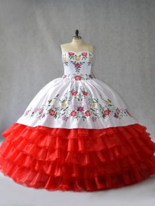 Top Selling Floor Length White And Red Quinceanera Dresses Sweetheart Sleeveless Lace Up