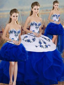 Modest Royal Blue Tulle Lace Up Quinceanera Dresses Sleeveless Floor Length Embroidery and Ruffles and Bowknot