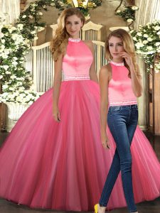 On Sale Floor Length Coral Red 15 Quinceanera Dress Tulle Sleeveless Beading