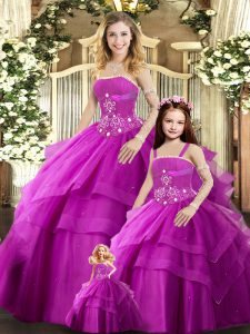 Romantic Sleeveless Floor Length Beading Lace Up Quinceanera Gowns with Fuchsia