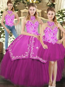 Fuchsia Satin and Tulle Lace Up Halter Top Sleeveless Floor Length Quinceanera Dress Embroidery