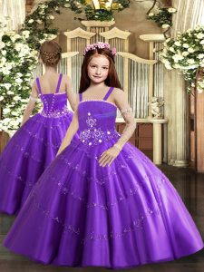 Best Purple Ball Gowns Straps Sleeveless Tulle Floor Length Lace Up Beading and Ruffled Layers Kids Formal Wear