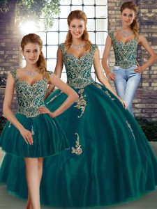 Low Price Floor Length Peacock Green Sweet 16 Quinceanera Dress Straps Sleeveless Lace Up