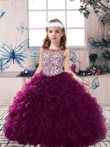 Beading and Ruffles Little Girl Pageant Dress Dark Purple Lace Up Sleeveless Floor Length