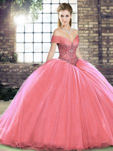 Suitable Watermelon Red Quinceanera Gowns Military Ball and Sweet 16 and Quinceanera with Beading Off The Shoulder Sleeveless Brush Train Lace Up