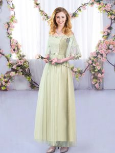 Floor Length Side Zipper Vestidos de Damas Yellow Green for Wedding Party with Lace and Belt