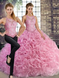 Scoop Sleeveless Lace Up 15th Birthday Dress Rose Pink Fabric With Rolling Flowers