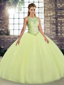 Ball Gowns Quinceanera Gown Yellow Green Scoop Tulle Sleeveless Floor Length Lace Up