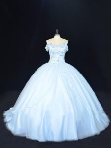 Fantastic Off The Shoulder Sleeveless Sweet 16 Quinceanera Dress Court Train Beading Blue Tulle