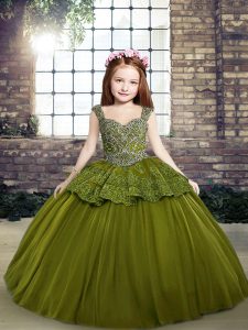 Sleeveless Tulle Floor Length Lace Up Kids Pageant Dress in Olive Green with Beading