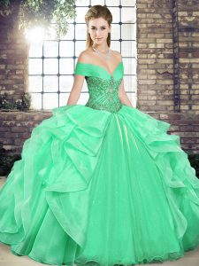 Cheap Ball Gowns Vestidos de Quinceanera Apple Green Off The Shoulder Organza Sleeveless Floor Length Lace Up