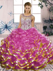 Organza Scoop Sleeveless Lace Up Beading and Ruffles Vestidos de Quinceanera in Fuchsia