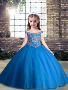 V-neck Sleeveless Child Pageant Dress Floor Length Beading Blue Tulle