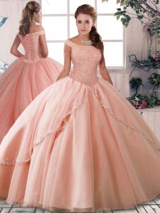 Ball Gowns Sleeveless Peach Quinceanera Dresses Brush Train Lace Up