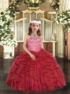 Discount Halter Top Sleeveless Kids Formal Wear Floor Length Beading and Ruffles Red Tulle