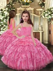 Sleeveless Organza Floor Length Lace Up Little Girls Pageant Dress in Rose Pink with Ruffled Layers