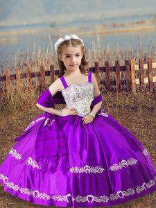 Sleeveless Floor Length Beading and Embroidery Lace Up Little Girl Pageant Dress with Purple