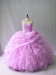 On Sale Sleeveless Organza Brush Train Lace Up Sweet 16 Dress in Lilac with Beading and Ruffles