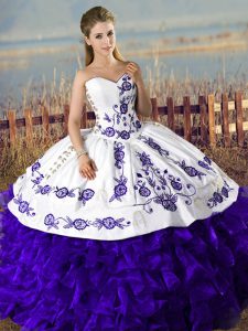 Super Purple Lace Up Sweetheart Embroidery Quinceanera Gowns Satin and Organza Sleeveless