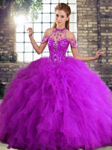 Purple Lace Up Ball Gown Prom Dress Beading and Ruffles Sleeveless Floor Length