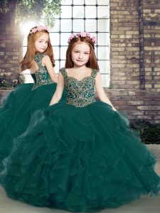 Straps Sleeveless Lace Up Little Girl Pageant Gowns Peacock Green Tulle