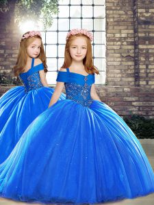 Best Royal Blue Ball Gowns Straps Sleeveless Beading Lace Up Little Girls Pageant Dress Wholesale Brush Train