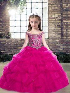 Ball Gowns Little Girls Pageant Gowns Fuchsia Off The Shoulder Organza Sleeveless Floor Length Lace Up