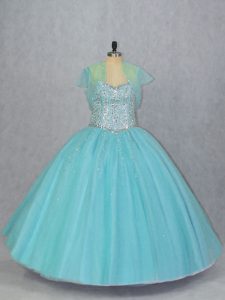 Aqua Blue Lace Up Vestidos de Quinceanera Beading Sleeveless Floor Length