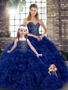 Sleeveless Organza Floor Length Lace Up 15 Quinceanera Dress in Royal Blue with Beading and Ruffles