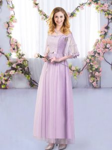 Lavender Court Dresses for Sweet 16 Wedding Party with Lace and Belt Off The Shoulder Half Sleeves Side Zipper