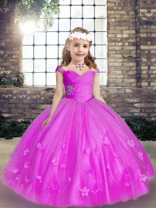 Fantastic Fuchsia Ball Gowns Tulle Straps Sleeveless Beading and Hand Made Flower Floor Length Lace Up Kids Pageant Dress