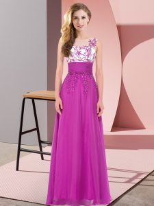 Classical Fuchsia Empire Chiffon Scoop Sleeveless Appliques Floor Length Backless Court Dresses for Sweet 16