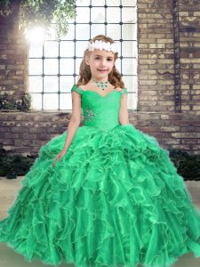 Long Sleeves Floor Length Beading and Ruffles Lace Up Little Girls Pageant Gowns with Turquoise