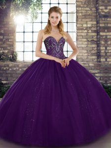 Purple Ball Gowns Beading Quinceanera Dress Lace Up Tulle Sleeveless Floor Length