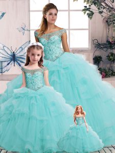 Customized Sleeveless Tulle Floor Length Lace Up Ball Gown Prom Dress in Aqua Blue with Beading and Ruffles