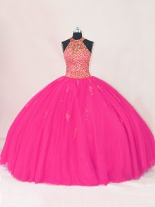 Flirting Hot Pink Ball Gowns Tulle Halter Top Sleeveless Beading and Appliques Floor Length Lace Up Quinceanera Gown