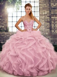 Gorgeous Pink Ball Gowns Sweetheart Sleeveless Tulle Floor Length Lace Up Beading and Ruffles Quinceanera Dress